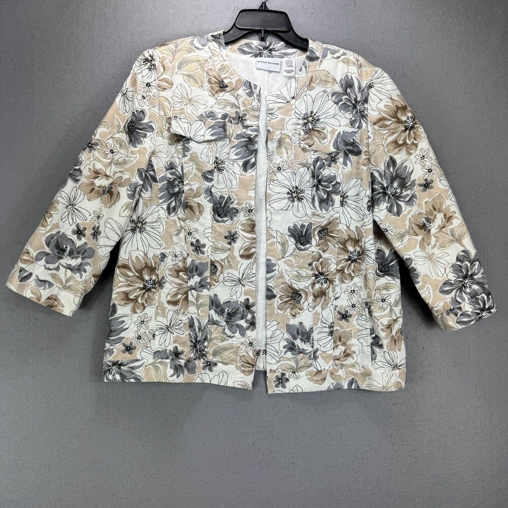 Alfred Dunner Jacket 16 Cream Gray Tan Floral Lightweight Cottagecore Classic